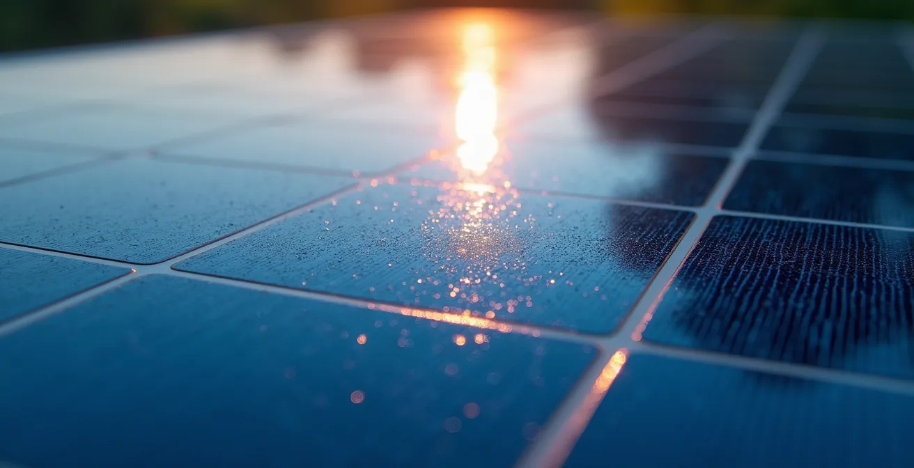 Gros plan sur cellules photovoltaïques avec reflets de lumière