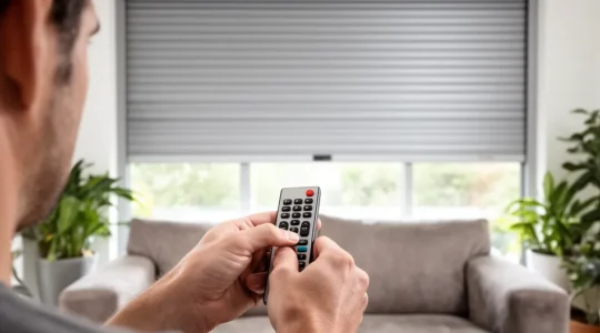 Personne actionnant une télécommande face à un volet roulant en mouvement dans un salon moderne