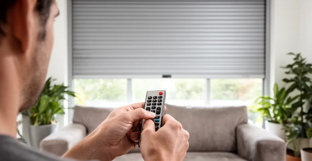 Personne actionnant une télécommande face à un volet roulant en mouvement dans un salon moderne