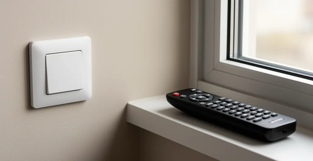 Interrupteur mural blanc à côté d'une télécommande radio posée sur un rebord de fenêtre