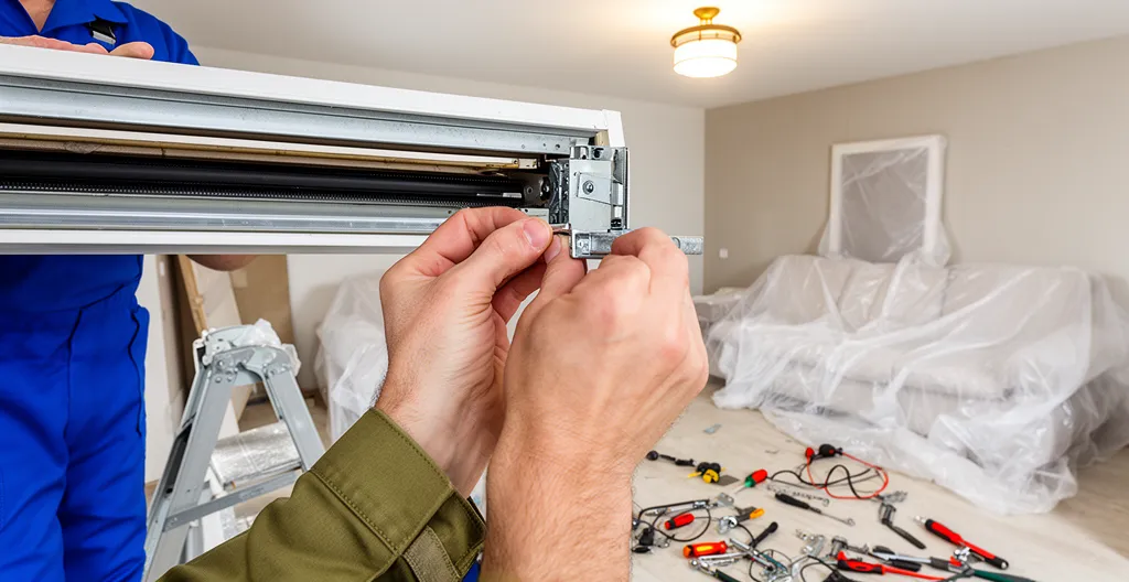 Technicien travaillant sur un coffre de volet roulant ouvert avec outils visibles