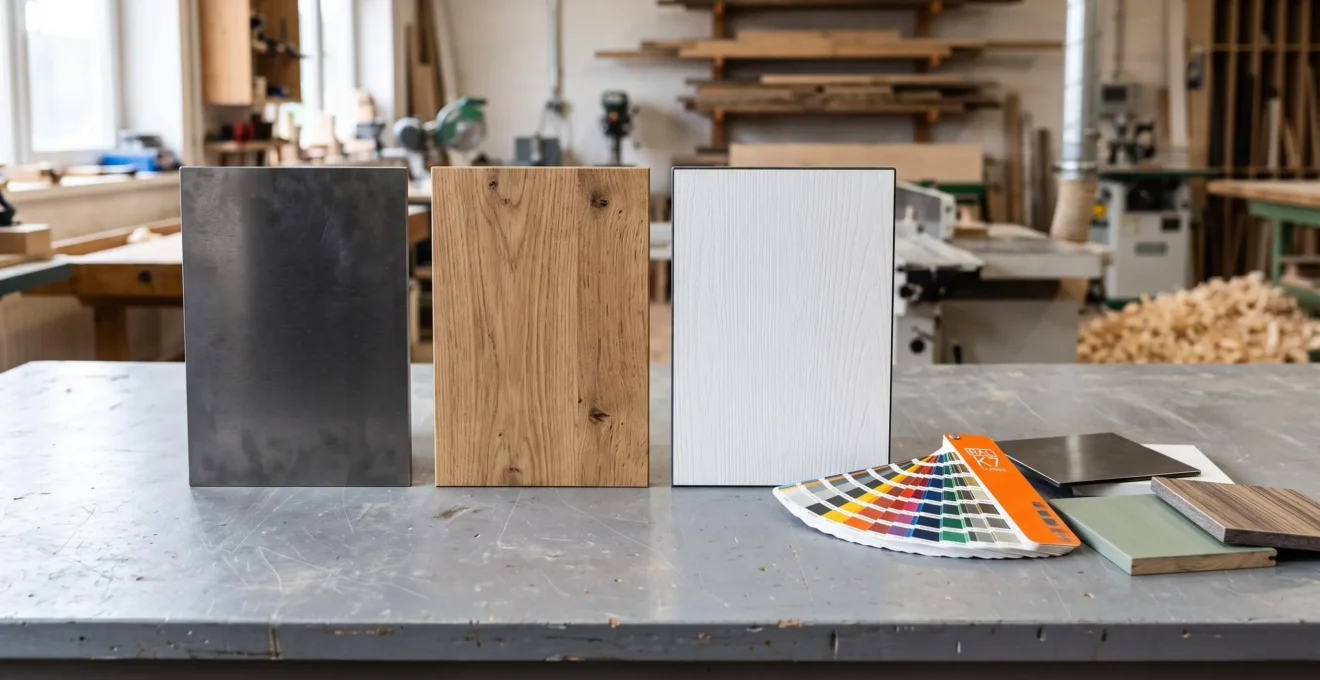 Échantillons de matériaux de porte d'entrée (aluminium, bois, PVC) avec nuanciers de couleurs sur établi de menuiserie professionnelle