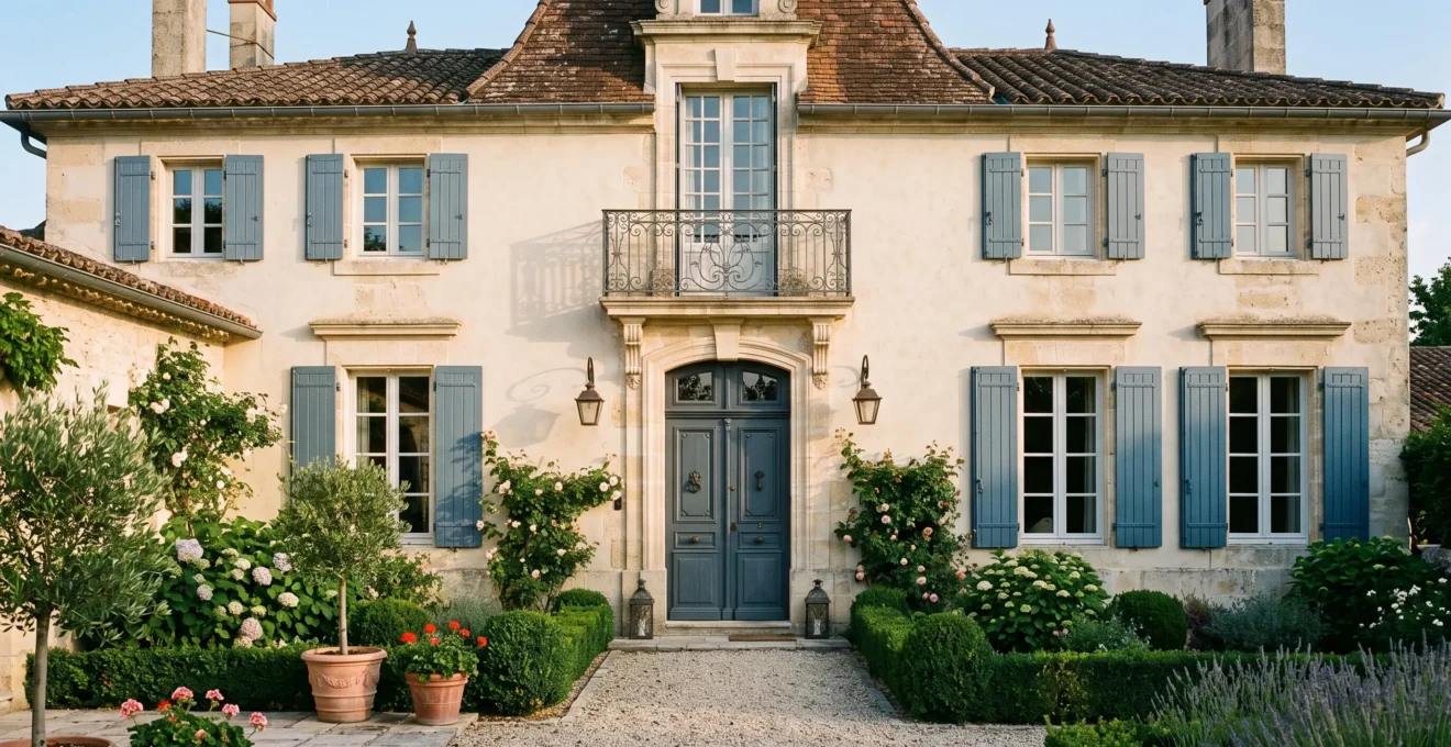 Façade de maison française avec porte d'entrée harmonieusement intégrée au style architectural du bâtiment, illustrant la cohérence esthétique entre menuiserie et architecture