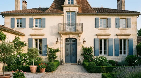 Façade de maison française avec porte d'entrée harmonieusement intégrée au style architectural du bâtiment, illustrant la cohérence esthétique entre menuiserie et architecture