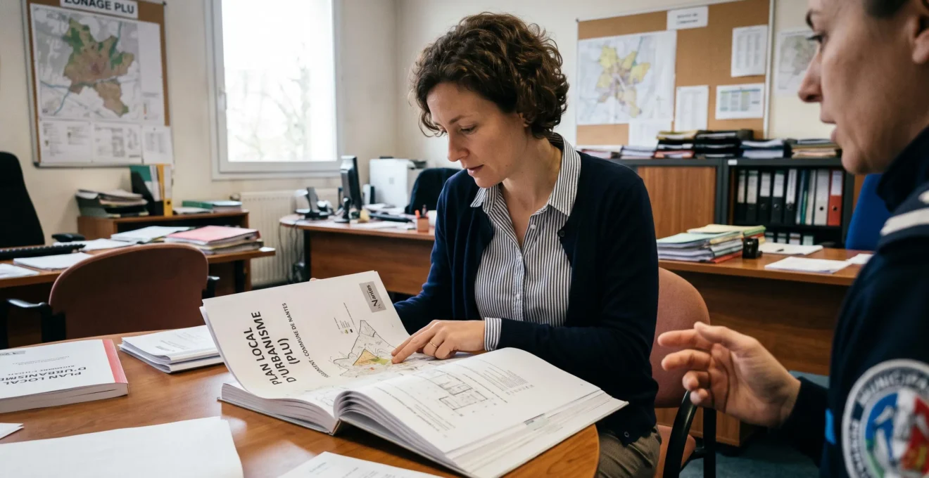 Propriétaire consultant le règlement du Plan Local d'Urbanisme au service urbanisme de la mairie avant projet de remplacement de porte d'entrée