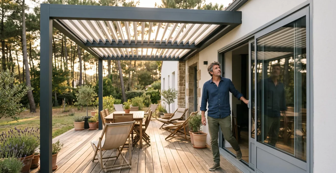 Pergola bioclimatique en aluminium raccordée à une baie vitrée sur une terrasse en bois d'une maison vendéenne