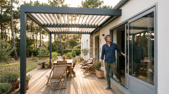 Pergola bioclimatique en aluminium raccordée à une baie vitrée sur une terrasse en bois d'une maison vendéenne