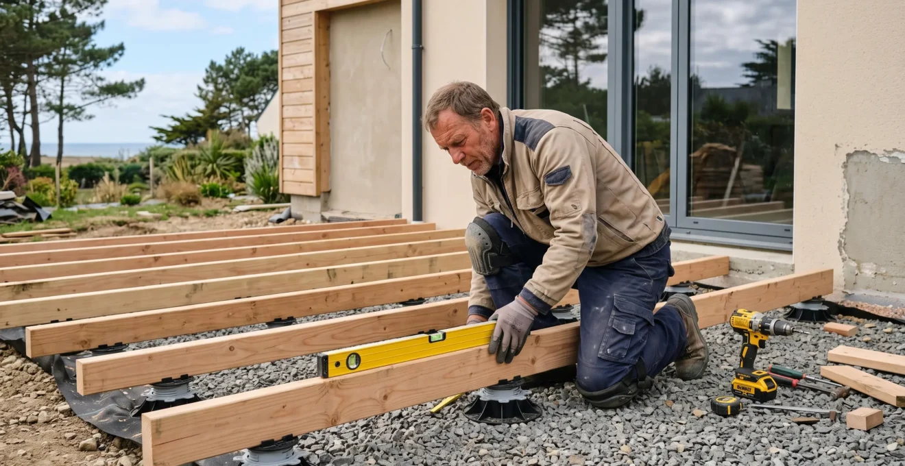 Artisan posant et contrôlant le niveau de lambourdes en bois sur des plots réglables pour une future terrasse