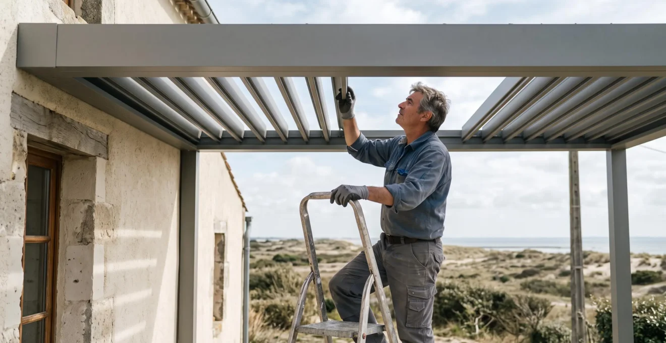Installateur sur un escabeau ajustant les lames orientables du toit d'une pergola bioclimatique près du littoral vendéen