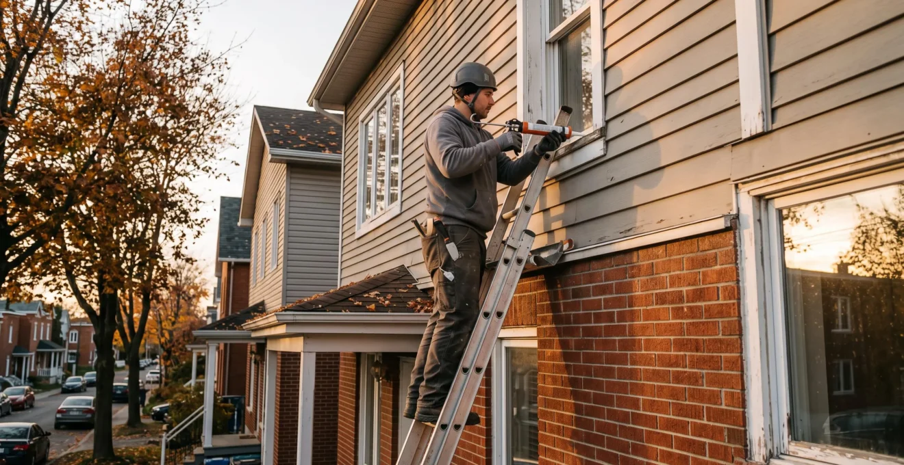 Un calfeutreur applique du scellant autour d'une fenêtre extérieure d'une maison à Québec.