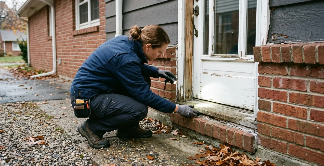Un inspecteur examine les joints de calfeutrage à la base d'une porte extérieure.